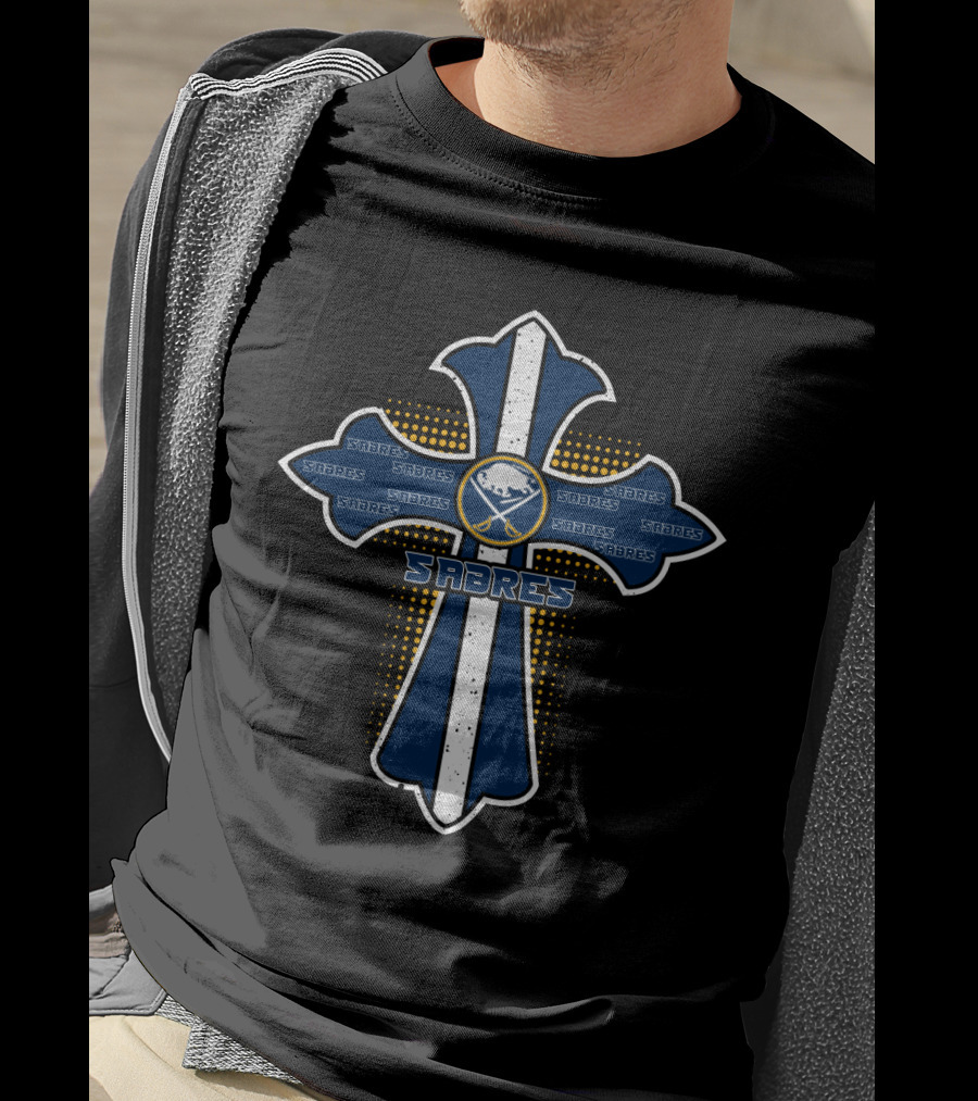 Buffalo Sabres Cross With Bold Team Logo And Blue Accents For Fans And Faith T-Shirt
