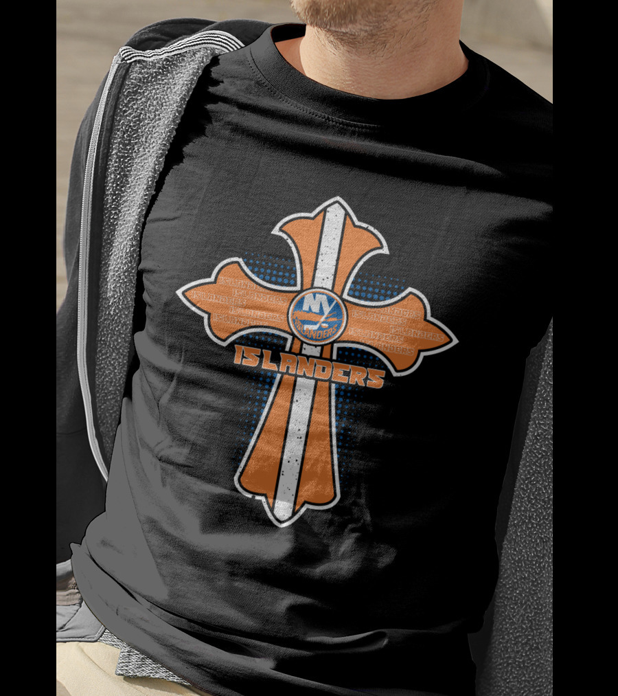 New York Islanders Cross Fan Design With Team Logo And Text Elements T-Shirt
