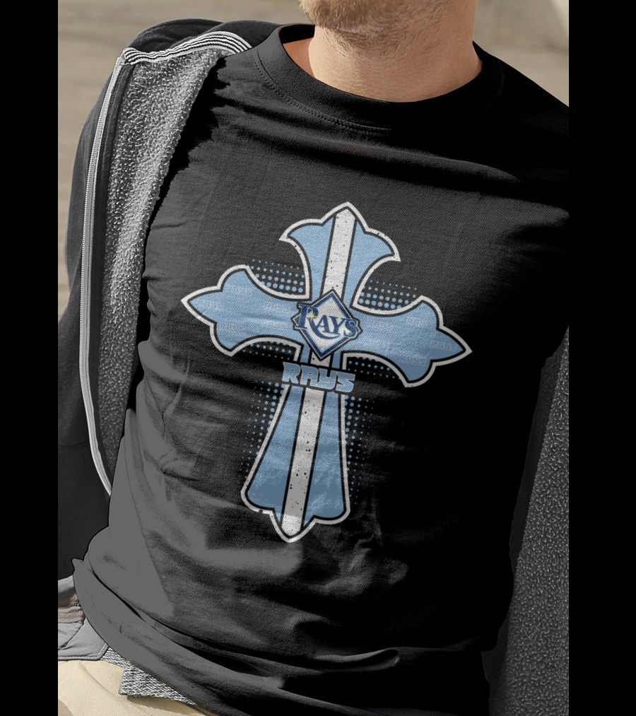 Rays Cross Design Featuring Tampa Bay Rays Text And Logo On Blue Cross T-Shirt
