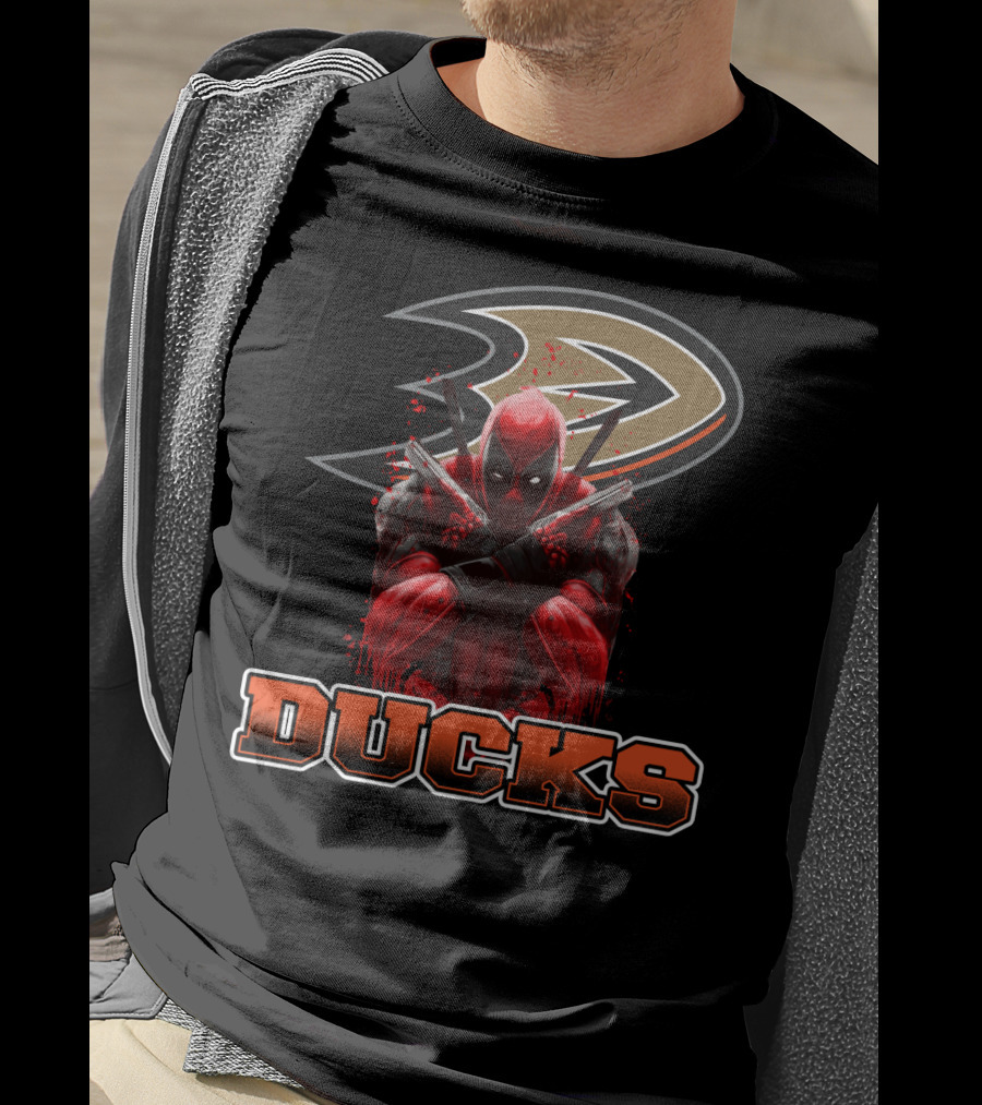 Anaheim Ducks And Deadpool Mashup Featuring Iconic Logo And Comic Character T-Shirt