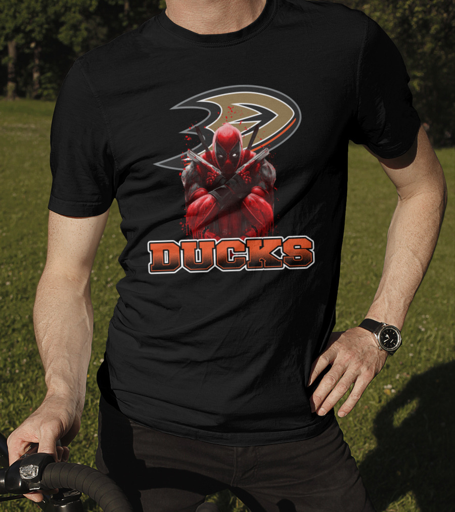 Anaheim Ducks And Deadpool Mashup Featuring Iconic Logo And Comic Character T-Shirt