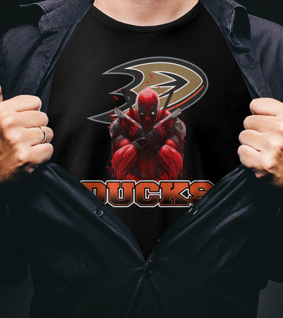 Anaheim Ducks And Deadpool Mashup Featuring Iconic Logo And Comic Character T-Shirt