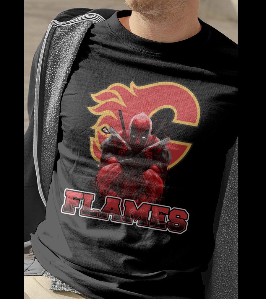 Calgary Flames Crossover With Deadpool Character Fan T-Shirt