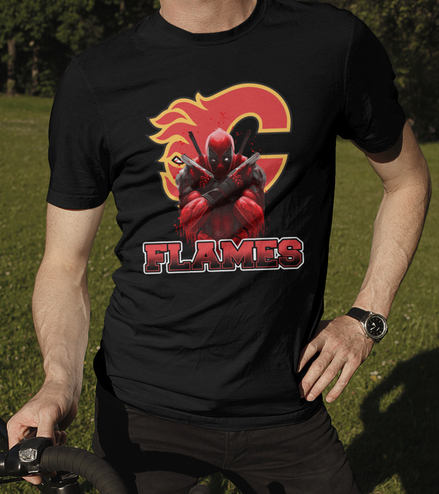 Calgary Flames Crossover With Deadpool Character Fan T-Shirt