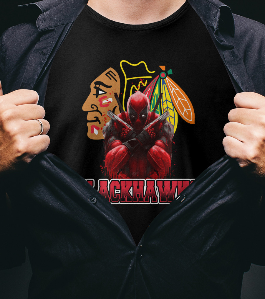 Blackhawks Deadpool Fan Crossover Artwork Featuring Team Logo And Comic Character T-Shirt