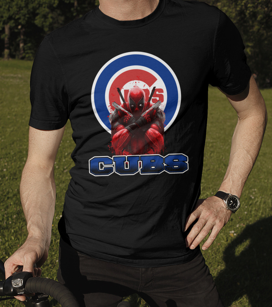 Deadpool With Crossed Swords Over Chicago Cubs Logo CUBS Text T-Shirt