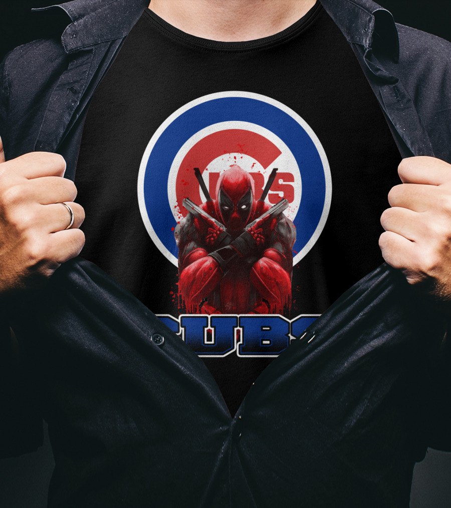 Deadpool With Crossed Swords Over Chicago Cubs Logo CUBS Text T-Shirt