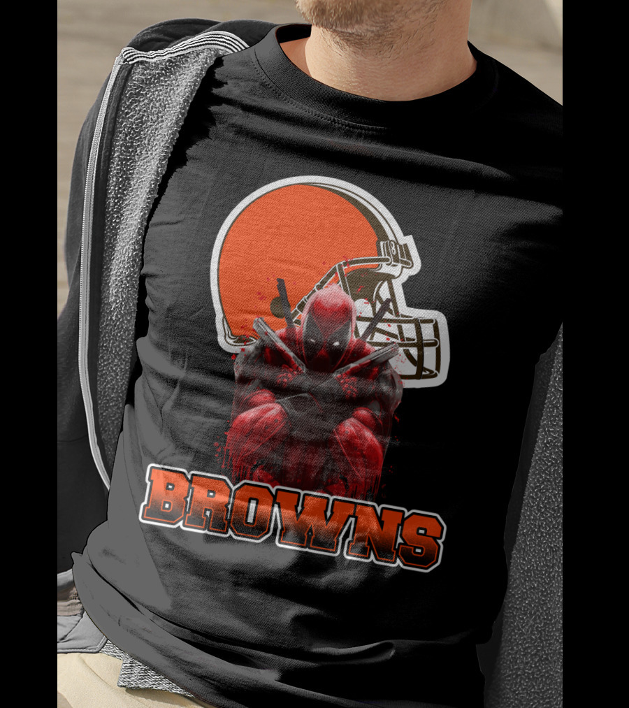 Cleveland Browns And Deadpool Crossover With Iconic Helmet And Character T-Shirt