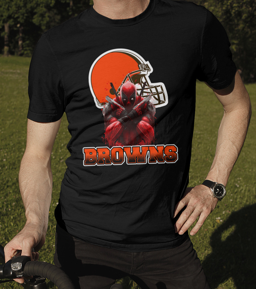 Cleveland Browns And Deadpool Crossover With Iconic Helmet And Character T-Shirt