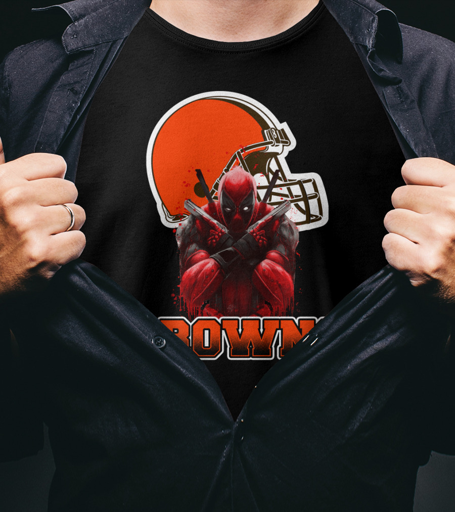 Cleveland Browns And Deadpool Crossover With Iconic Helmet And Character T-Shirt