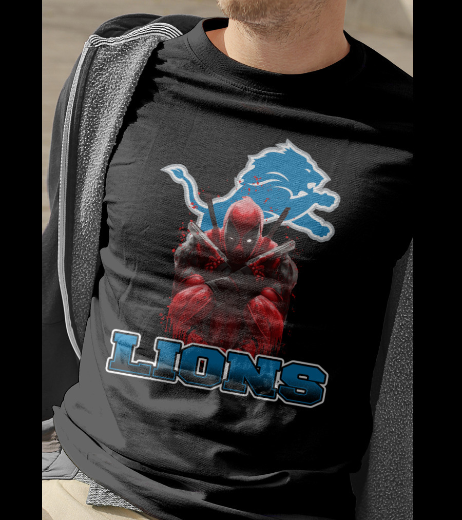 Detroit Lions Deadpool Crossover Fans Blue Lion T-Shirt