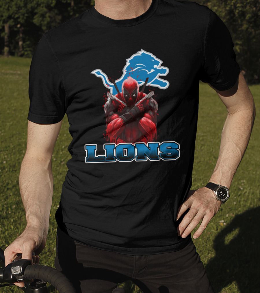 Detroit Lions Deadpool Crossover Fans Blue Lion T-Shirt
