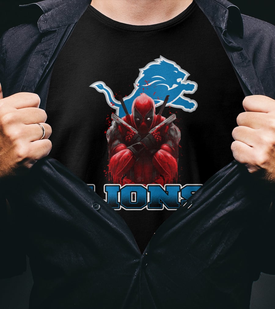 Detroit Lions Deadpool Crossover Fans Blue Lion T-Shirt