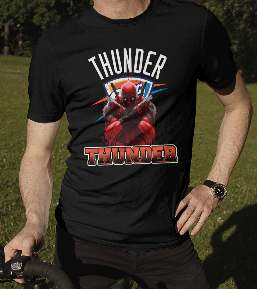 Thunder Crossover With Iconic Marvel Character On Oklahoma City Background T-Shirt