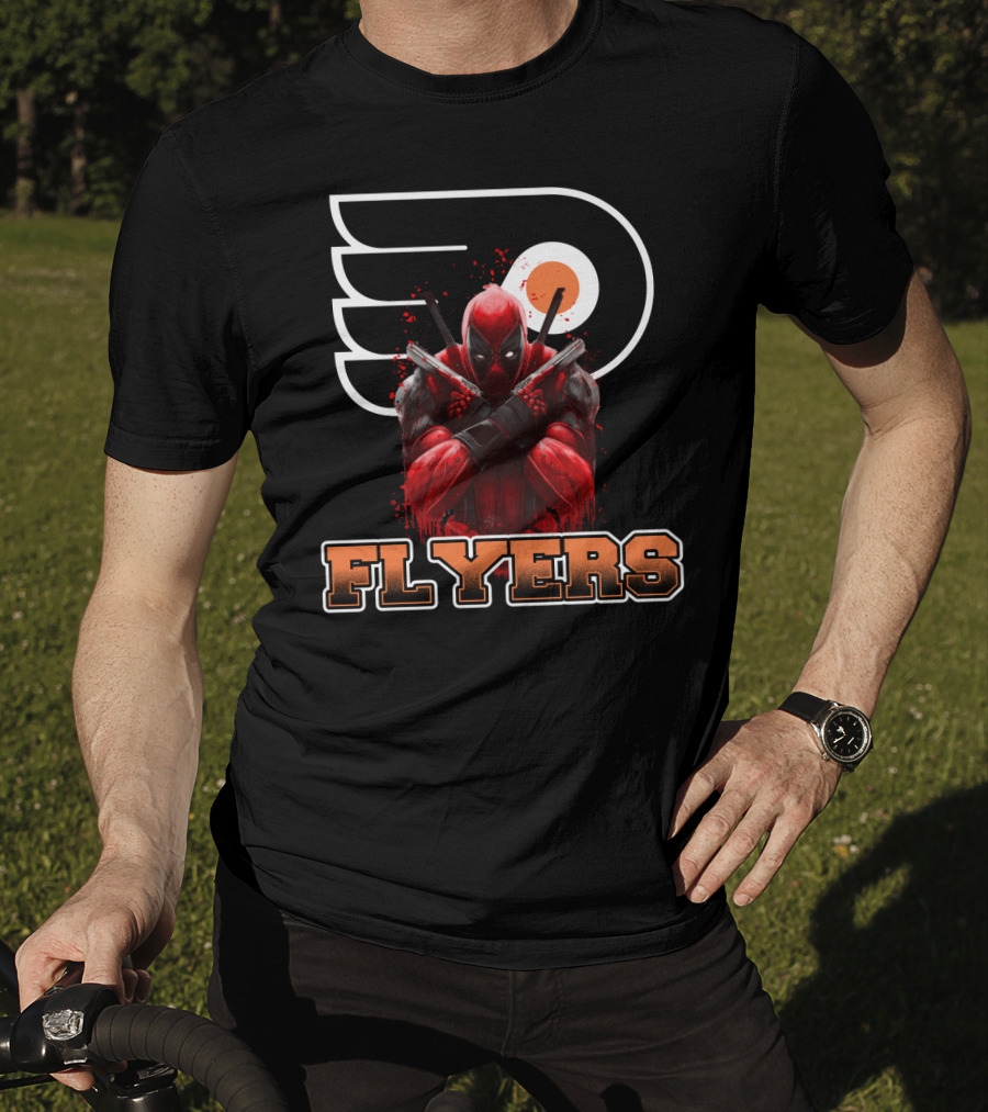 Philadelphia Flyers Deadpool Mashup With Iconic Hockey Logo And Character Crossover T-Shirt
