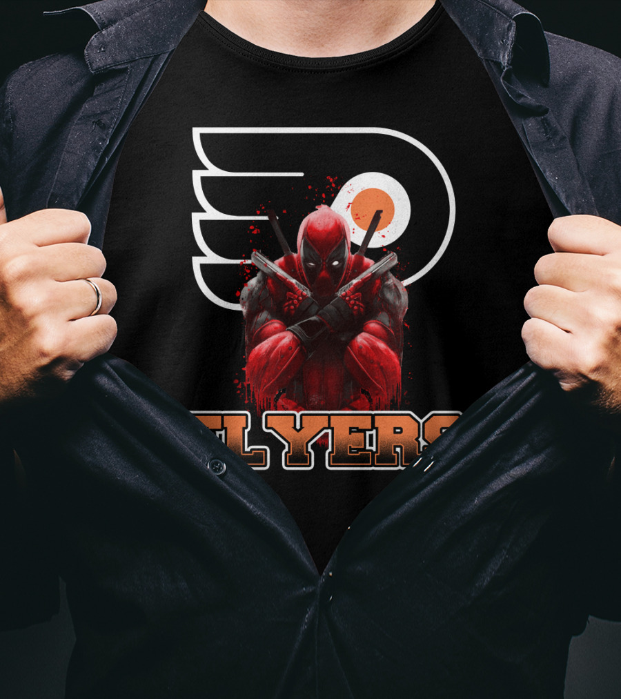 Philadelphia Flyers Deadpool Mashup With Iconic Hockey Logo And Character Crossover T-Shirt