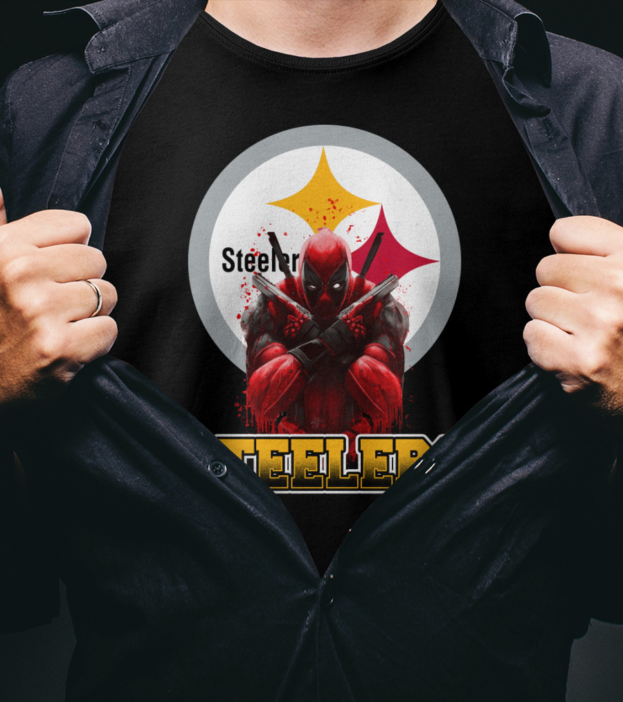 Steelers Deadpool Crossover With Pittsburgh Steelers Logo And Character Pose T-Shirt