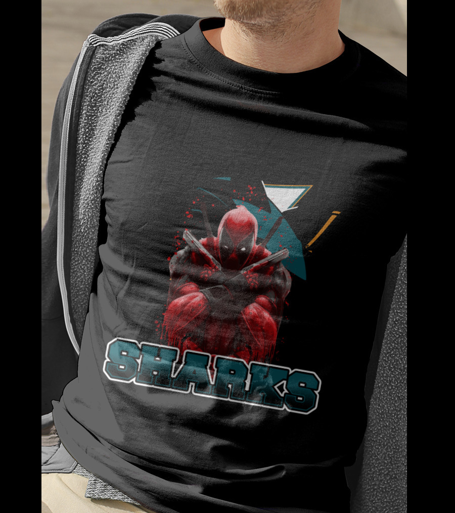 Deadpool With San Jose Sharks Imagery And Text: Sharks T-Shirt