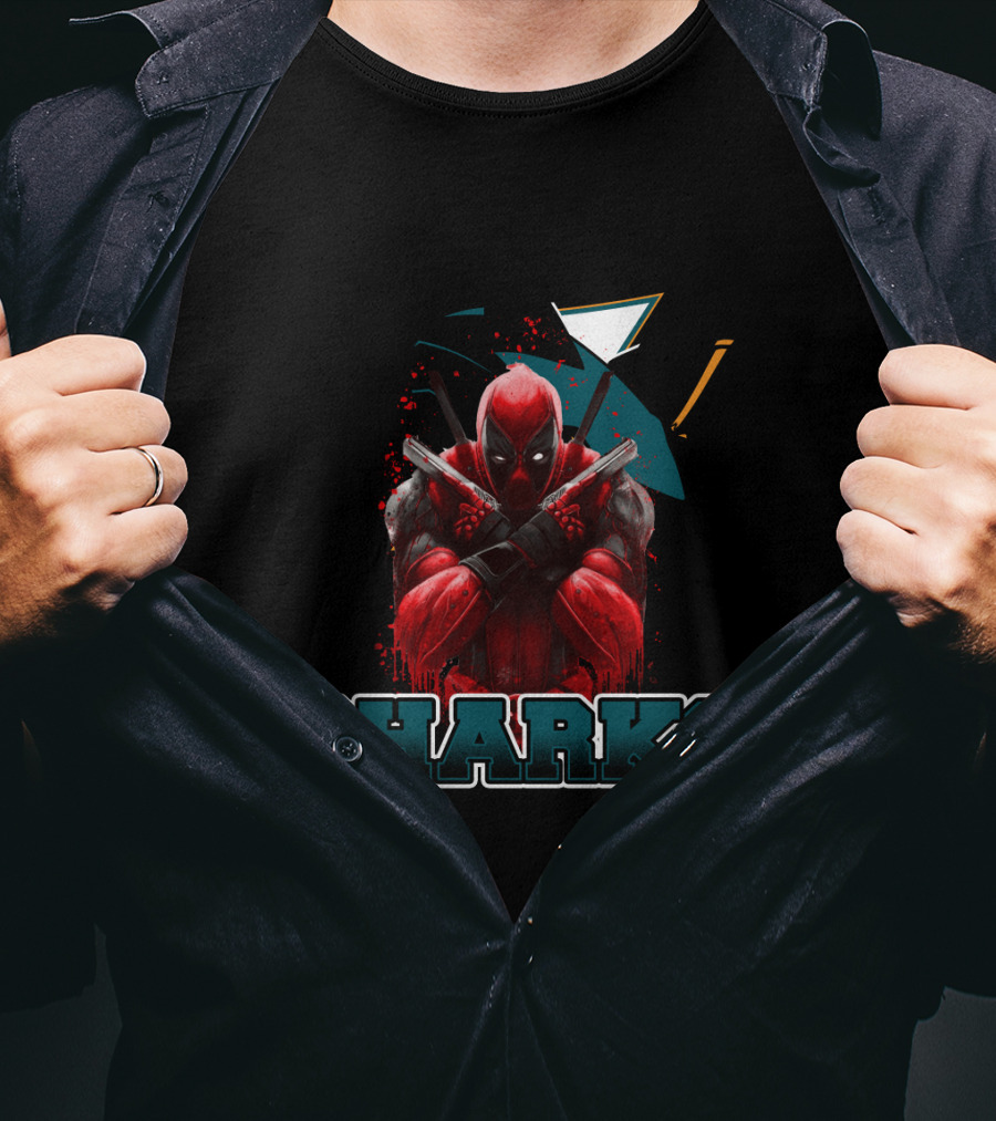 Deadpool With San Jose Sharks Imagery And Text: Sharks T-Shirt