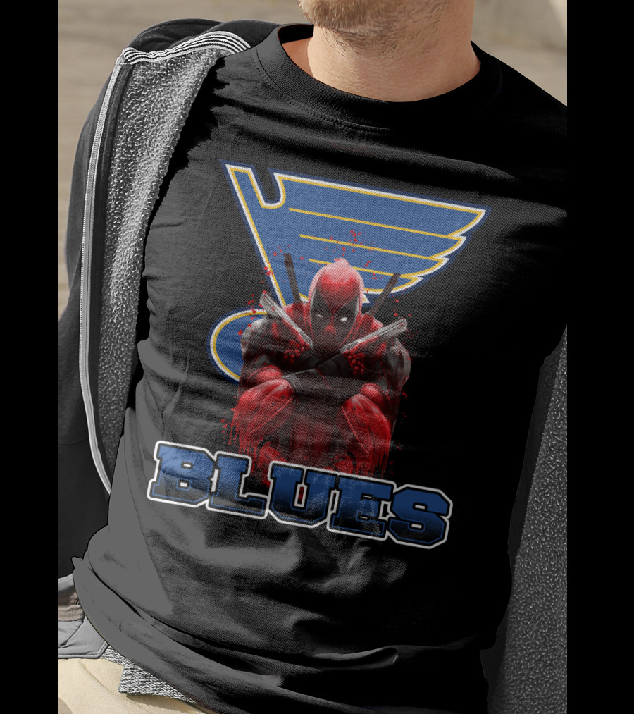 St. Louis Blues And Deadpool Crossover Fan Art With Iconic Blue And Yellow Hockey T-Shirt
