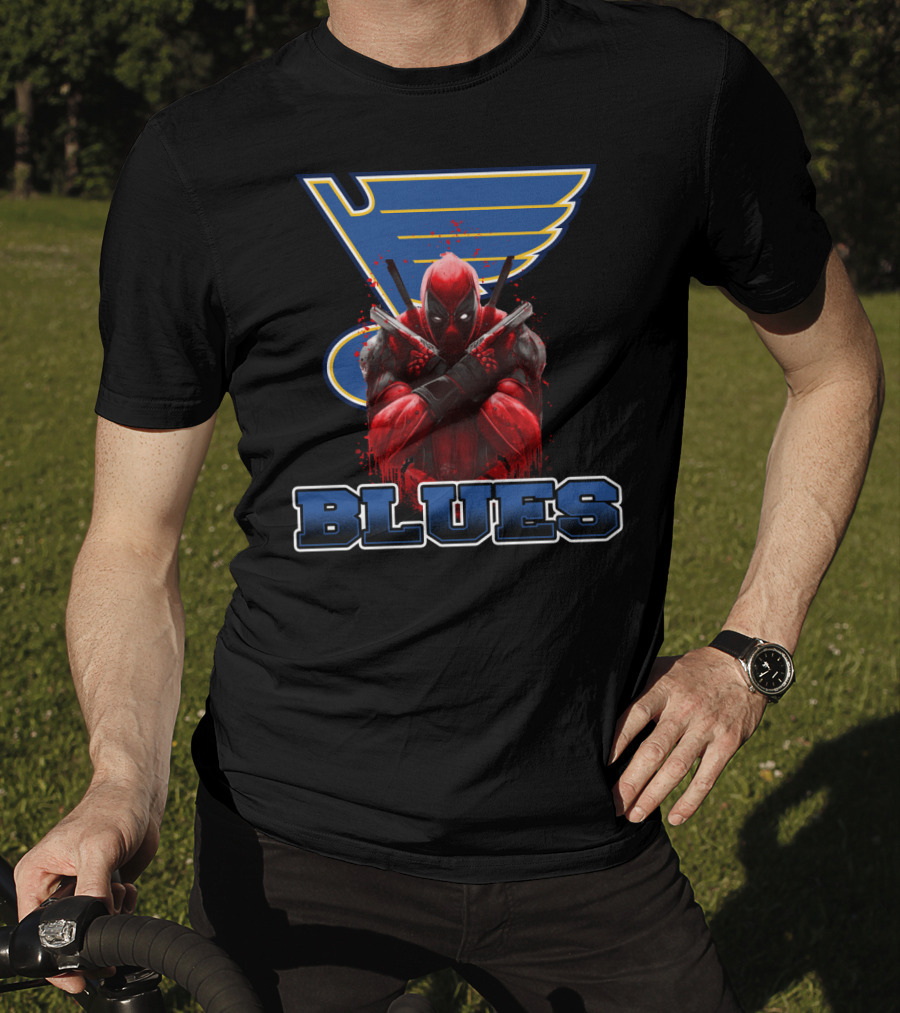 St. Louis Blues And Deadpool Crossover Fan Art With Iconic Blue And Yellow Hockey T-Shirt