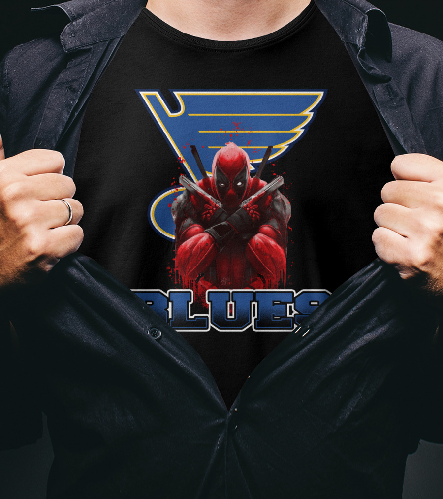 St. Louis Blues And Deadpool Crossover Fan Art With Iconic Blue And Yellow Hockey T-Shirt