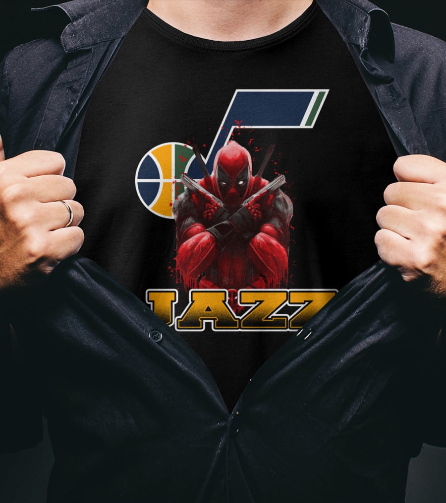 Utah Jazz NBA Logo With Deadpool Character Crossover For Fans T-Shirt