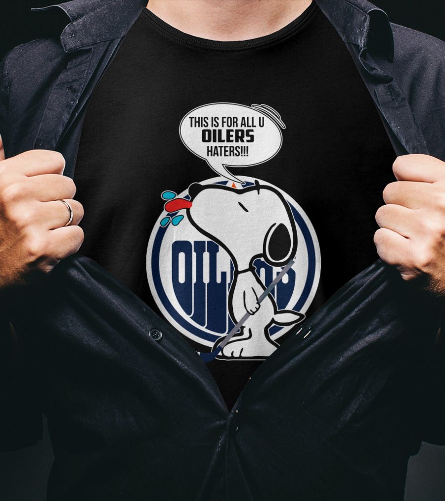 Snoopy Hockey Stick Edmonton Oilers Logo Haters Speech Bubble T-Shirt