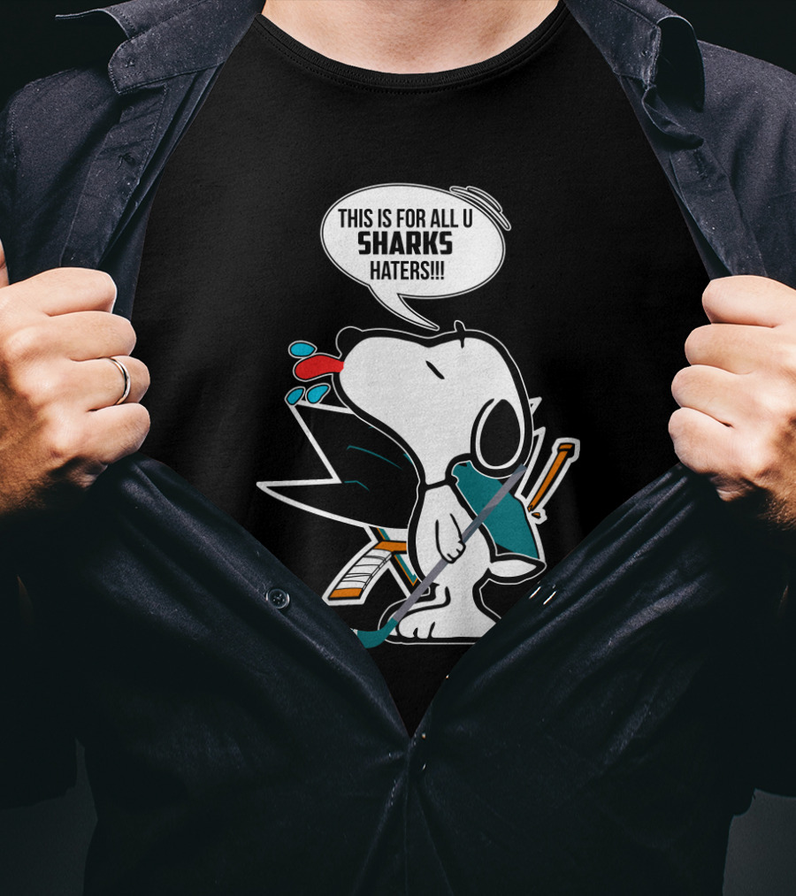 Snoopy Hockey Fan Defends San Jose Sharks Haters With Hockey Stick And Speech Bubble T-Shirt