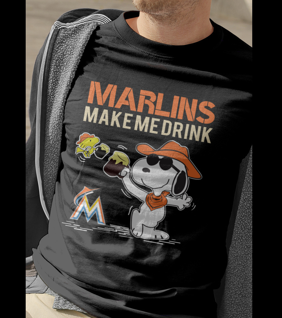 Marlins Make Me Drink Snoopy With Miami Marlins Logo And Beer Toast T-Shirt