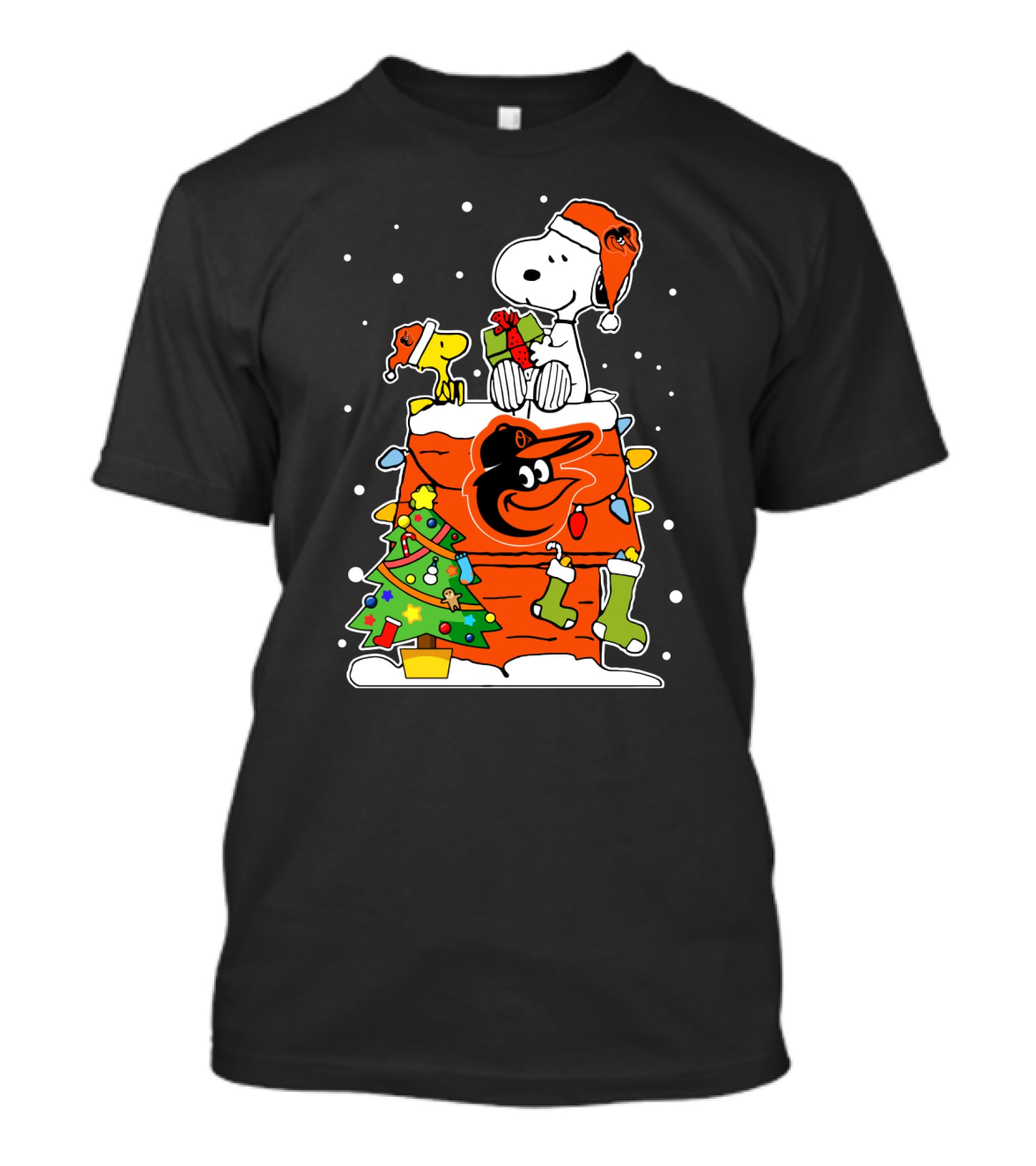 Baltimore Orioles Christmas Snoopy With Woodstock And Santa Hat T-Shirt