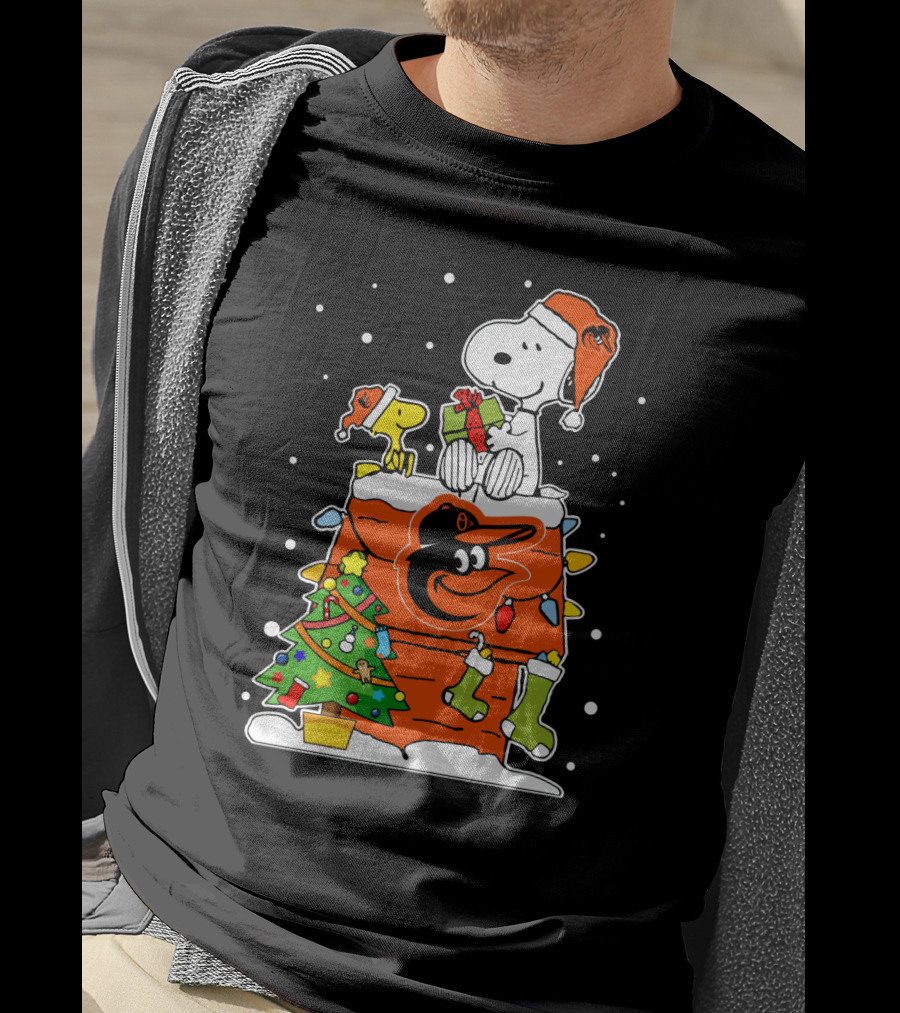 Baltimore Orioles Christmas Snoopy With Woodstock And Santa Hat T-Shirt