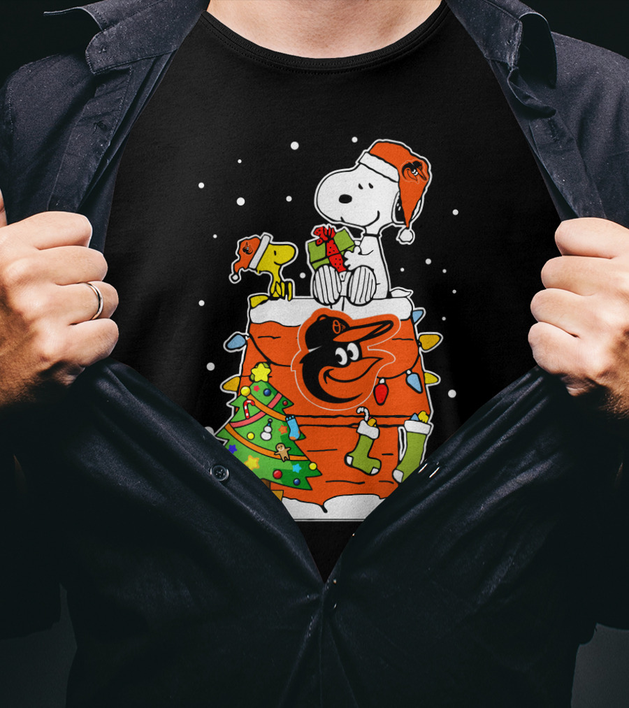 Baltimore Orioles Christmas Snoopy With Woodstock And Santa Hat T-Shirt