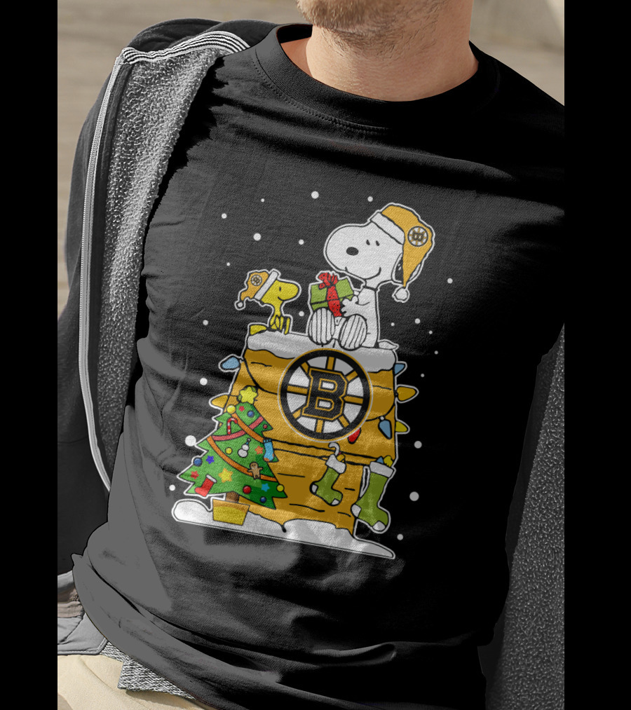 Boston Bruins Christmas Snoopy And Woodstock With Hockey T-Shirt