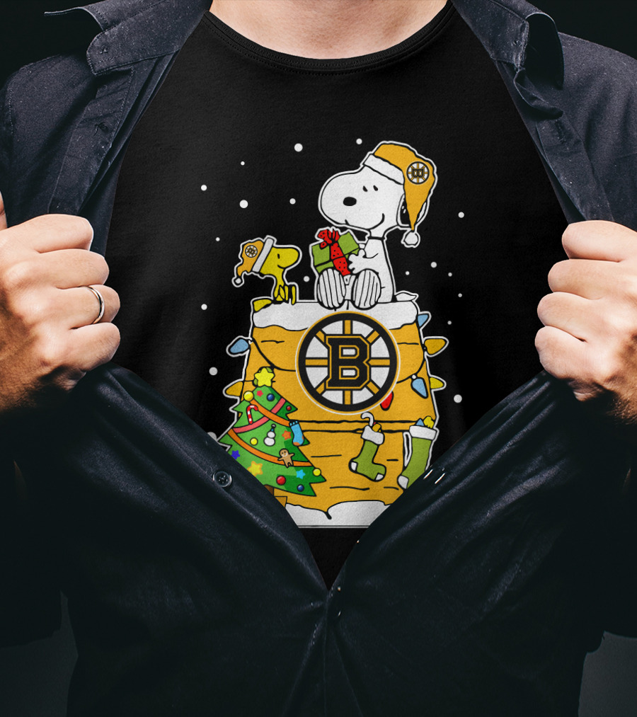 Boston Bruins Christmas Snoopy And Woodstock With Hockey T-Shirt