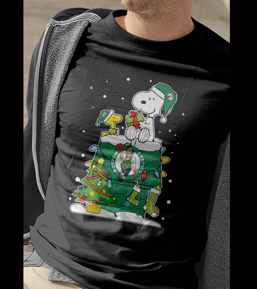 Boston Celtics Christmas Tree Snoopy And Woodstock Fan Favorite T-Shirt