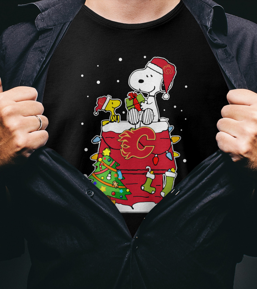 Snoopy And Woodstock Celebrating Christmas With Calgary Flames T-Shirt