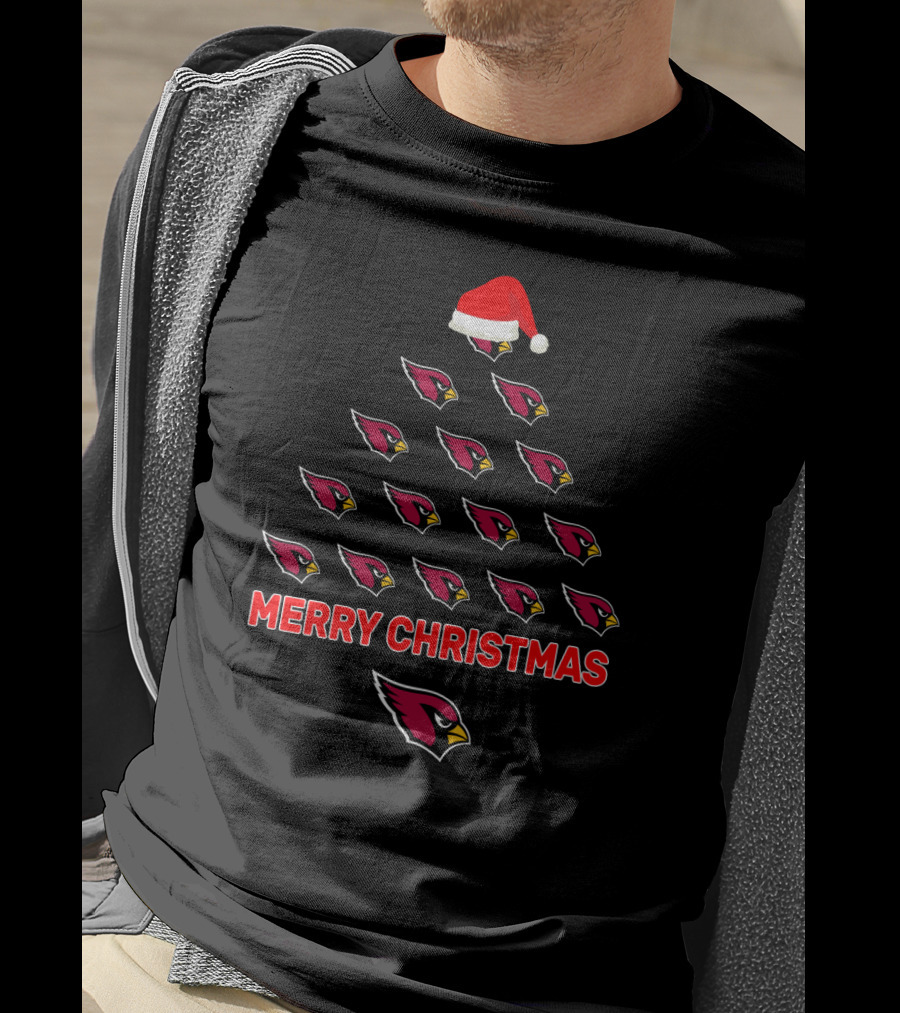 Merry Christmas Arizona Cardinals Fans Tree With Santa Hat T-Shirt