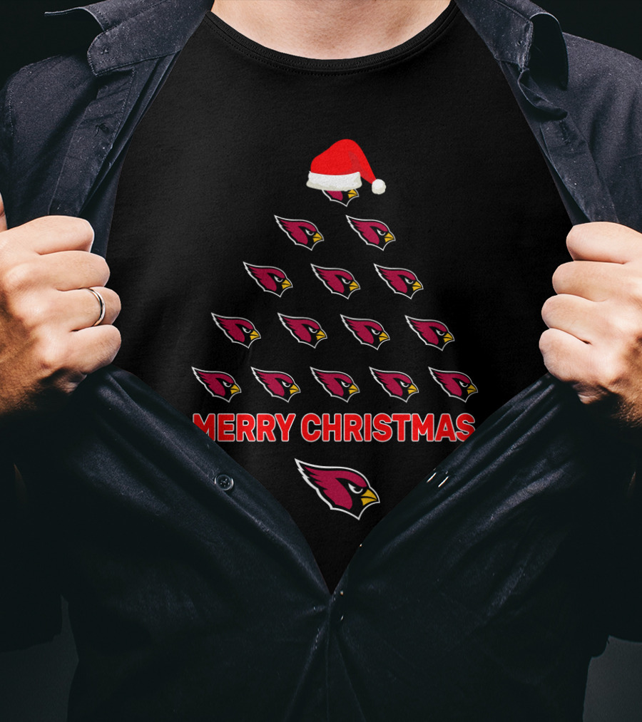 Merry Christmas Arizona Cardinals Fans Tree With Santa Hat T-Shirt