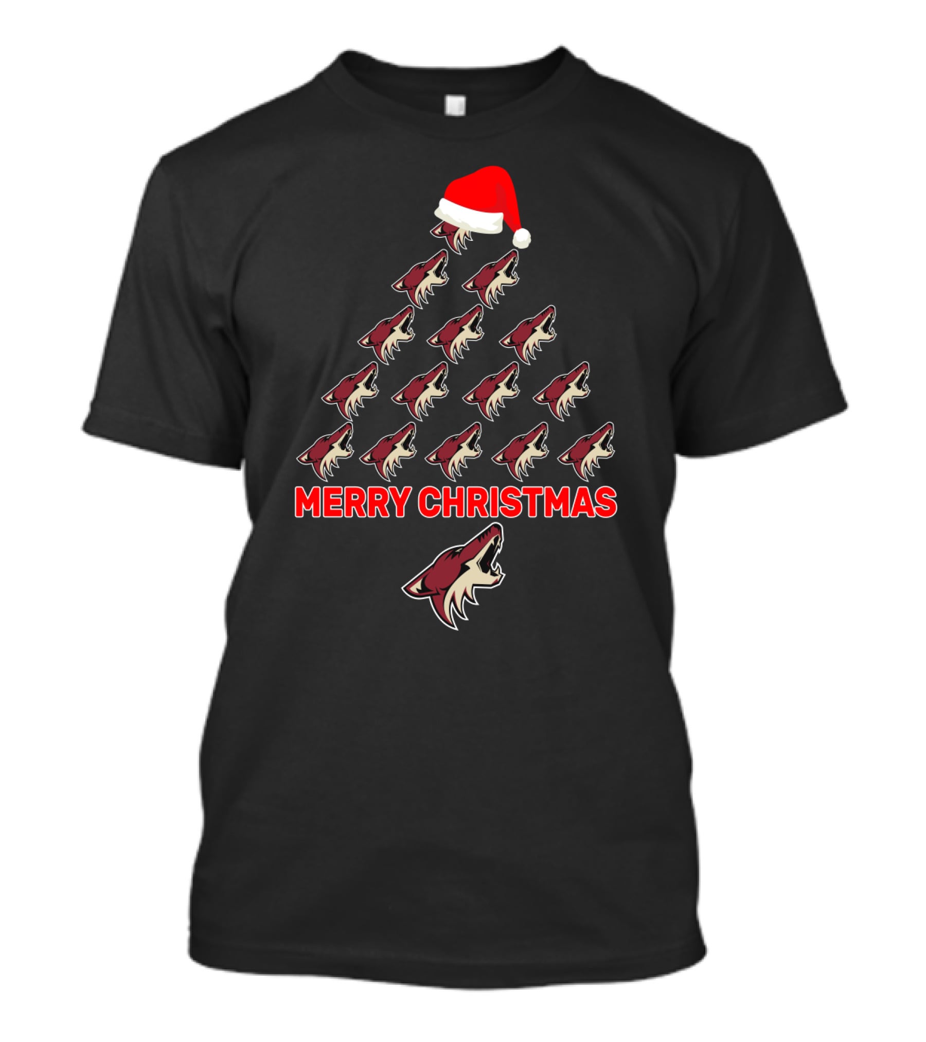Merry Christmas Tree With Arizona Coyotes Logos And Santa Hat T-Shirt