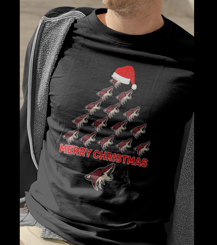 Merry Christmas Tree With Arizona Coyotes Logos And Santa Hat T-Shirt