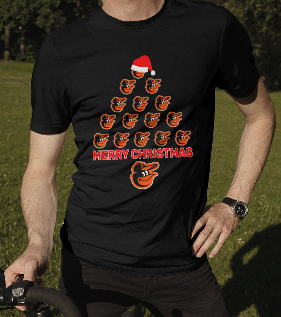 Merry Christmas Baltimore Orioles Tree With Team Logo And Santa Hat T-Shirt