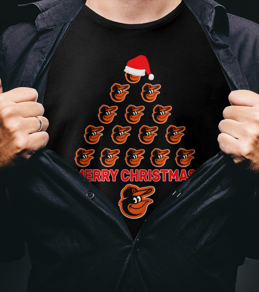 Merry Christmas Baltimore Orioles Tree With Team Logo And Santa Hat T-Shirt
