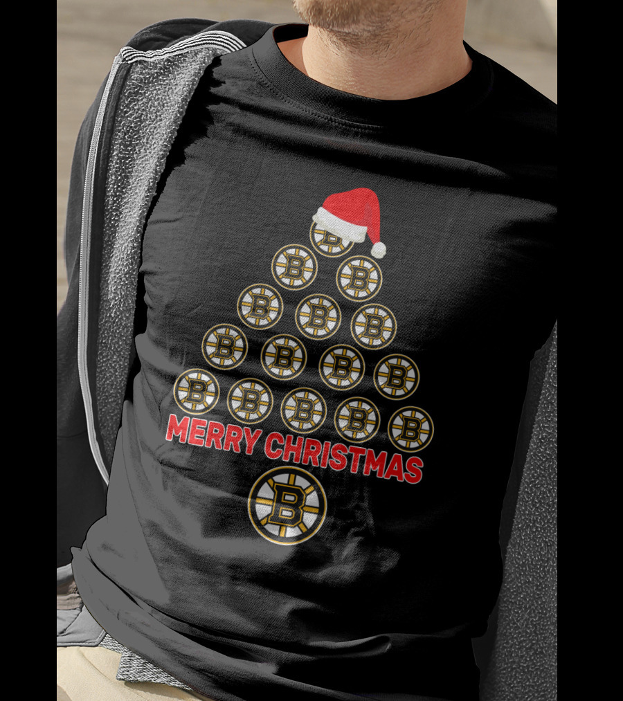 Merry Christmas Boston Bruins Tree Santa Hat T-Shirt