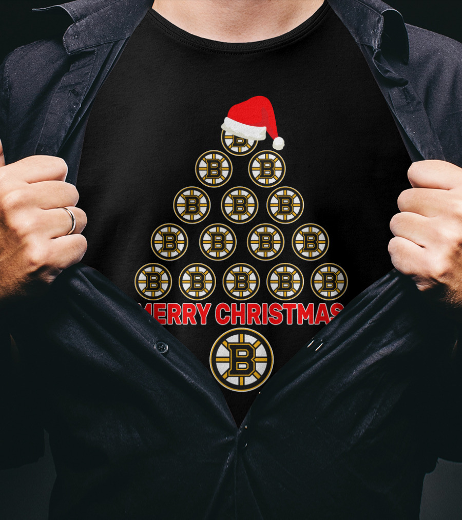 Merry Christmas Boston Bruins Tree Santa Hat T-Shirt