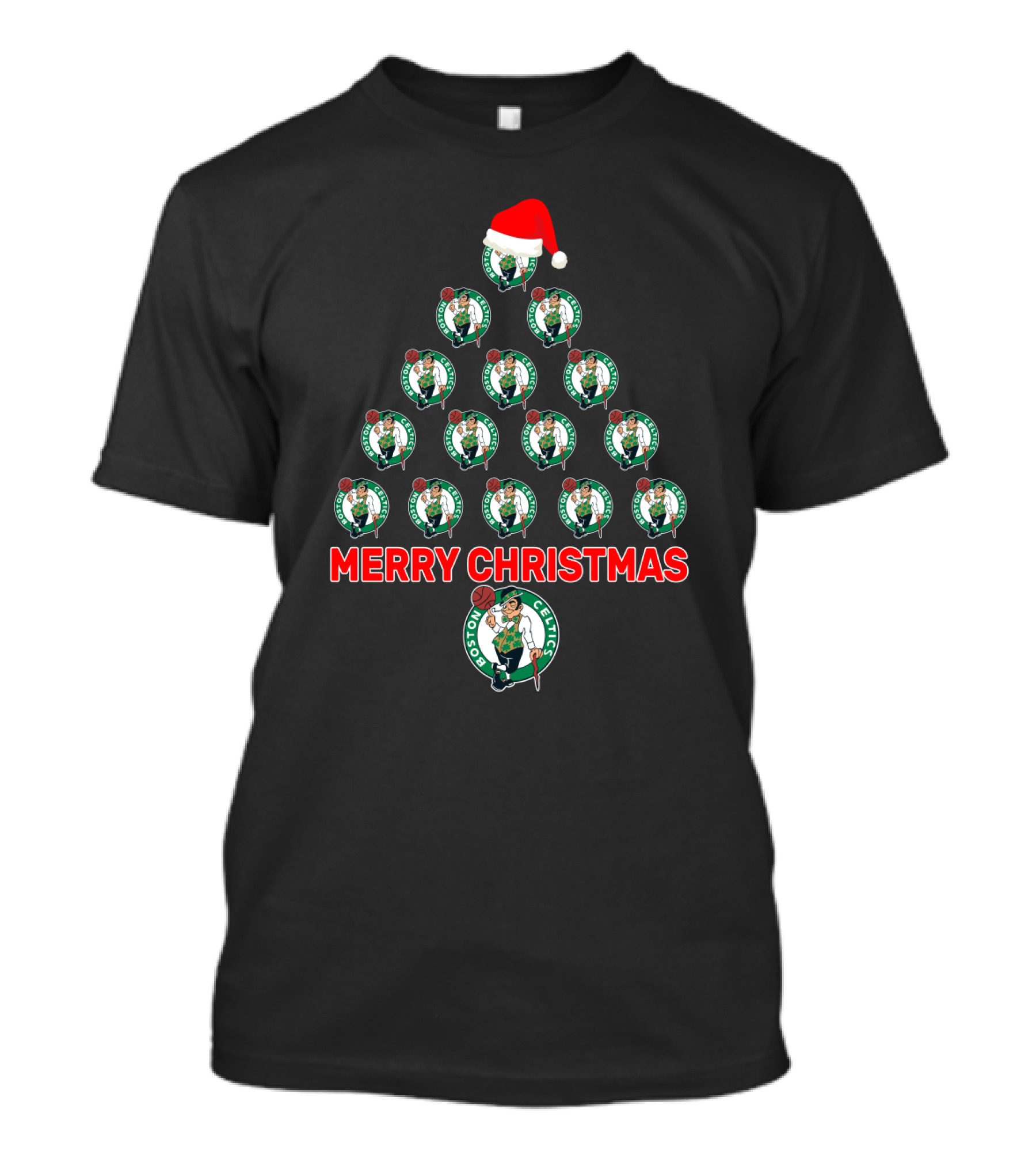 Merry Christmas Boston Celtics Santa Hat Tree T-Shirt