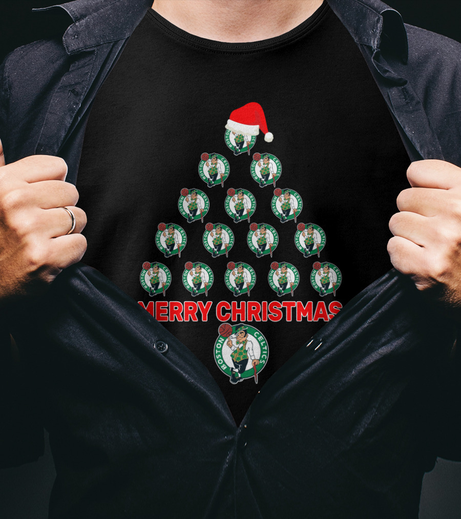 Merry Christmas Boston Celtics Santa Hat Tree T-Shirt