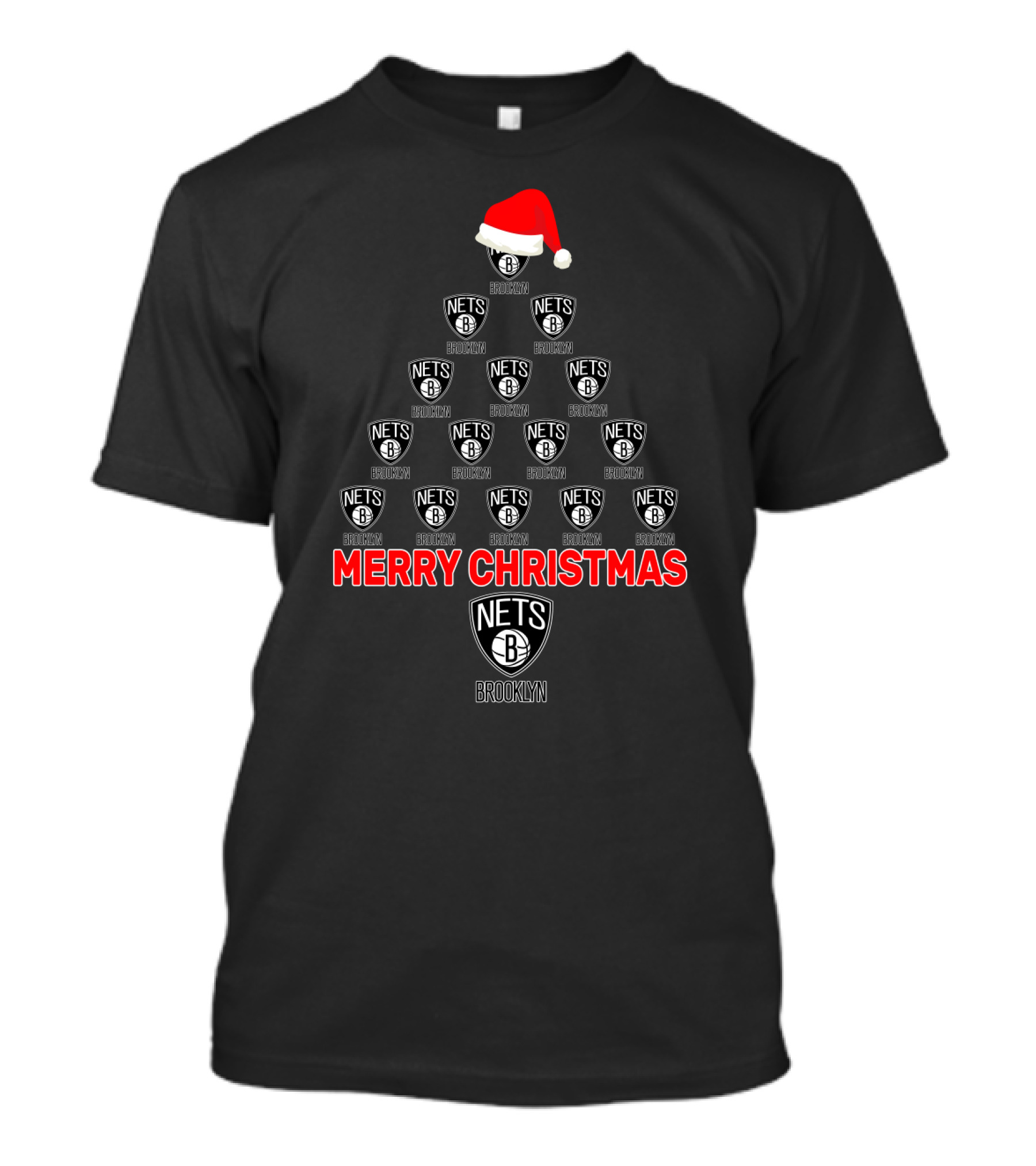 Brooklyn Nets Merry Christmas Tree With Santa Hat T-Shirt