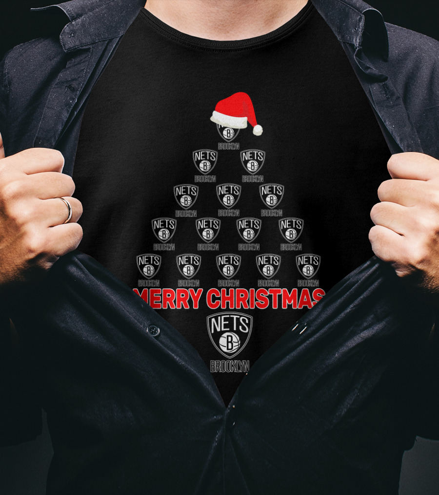 Brooklyn Nets Merry Christmas Tree With Santa Hat T-Shirt