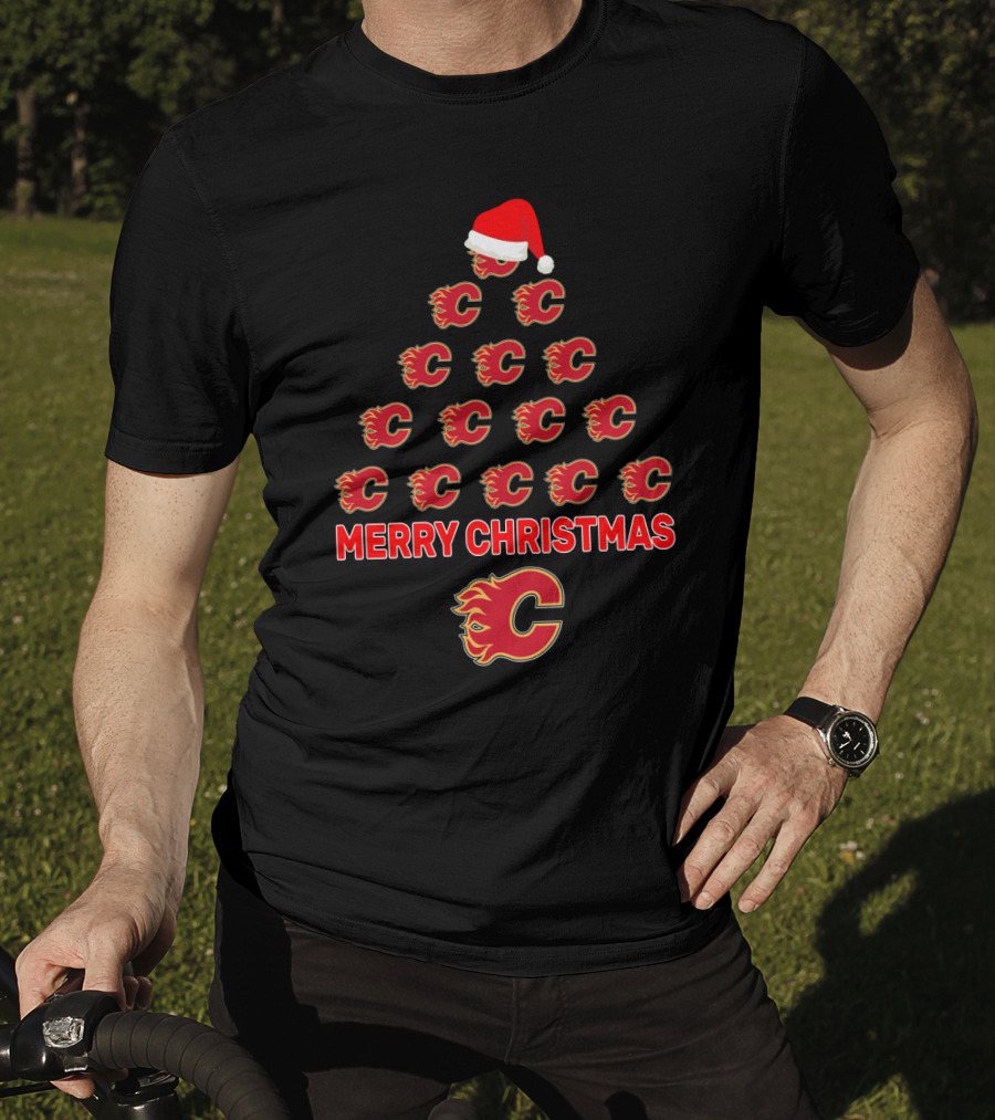 Calgary Flames Merry Christmas Tree With Santa Hat T-Shirt